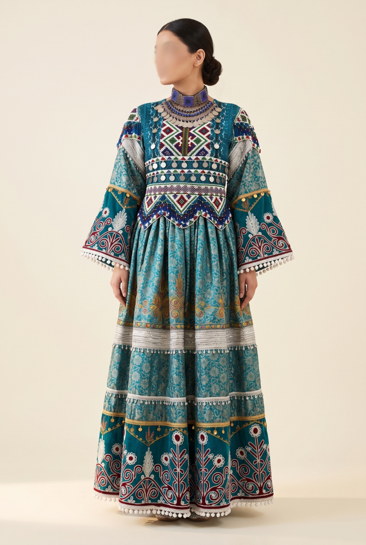 Firoza turquoise kuchi dress with beadwork and coins, front view