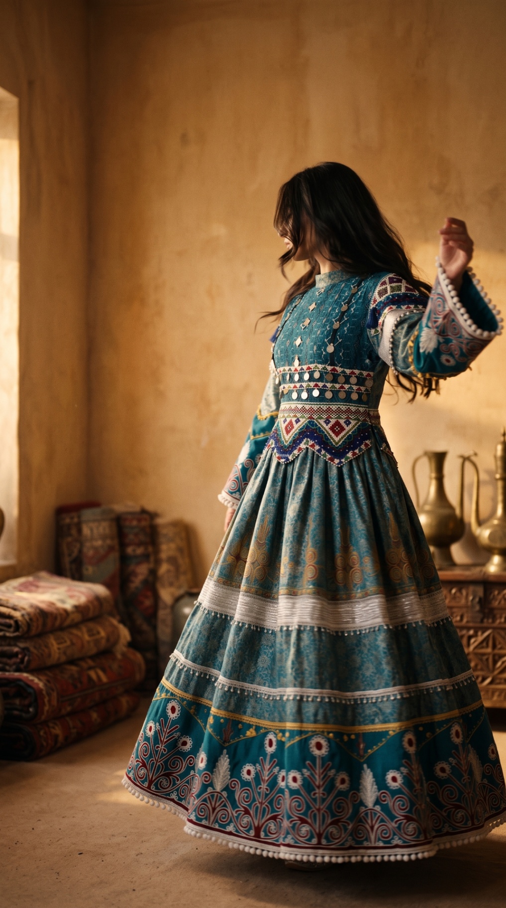 Firoza turquoise kuchi dress, full-length front campaign view
