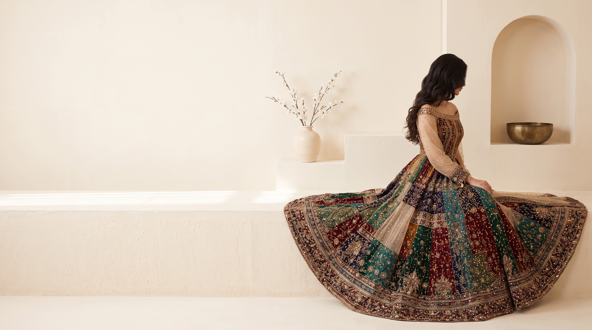 A model in a hand-embroidered Gulālai gown, seated in a cream heritage room