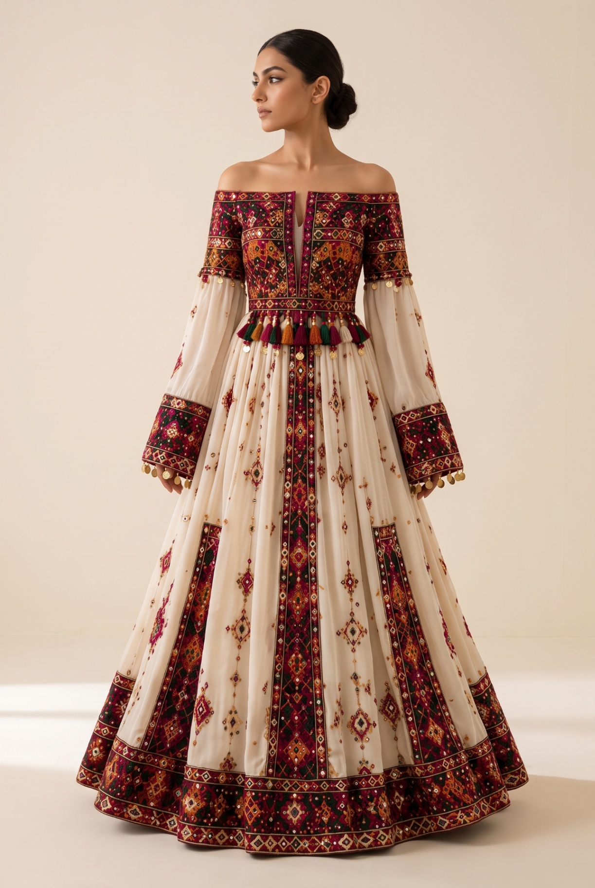 Shahdokht ivory silk crepe gown with maroon and magenta heritage embroidery, front view