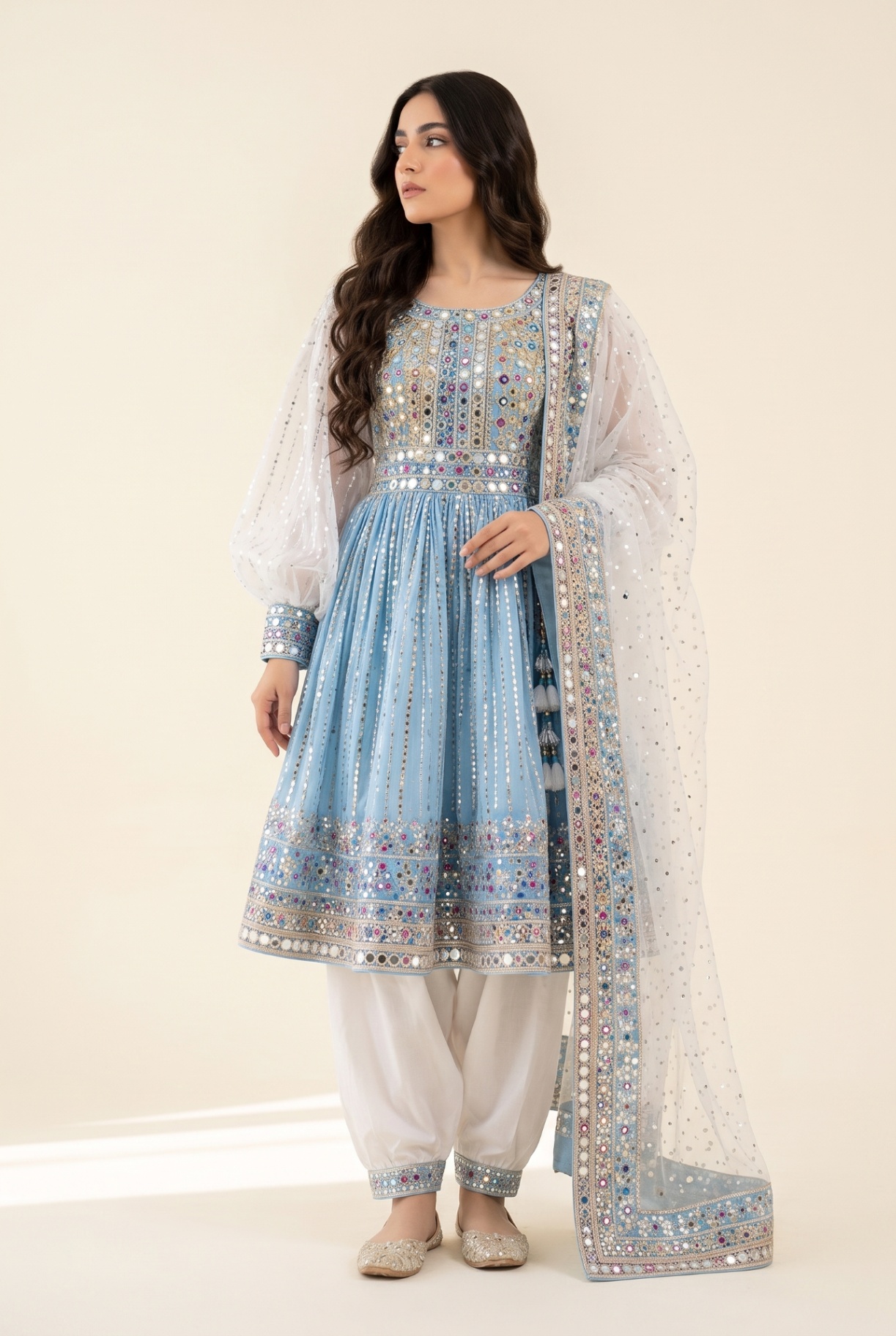 Sitara powder blue mirrored frock with white shalwar and sequin dupatta, front view