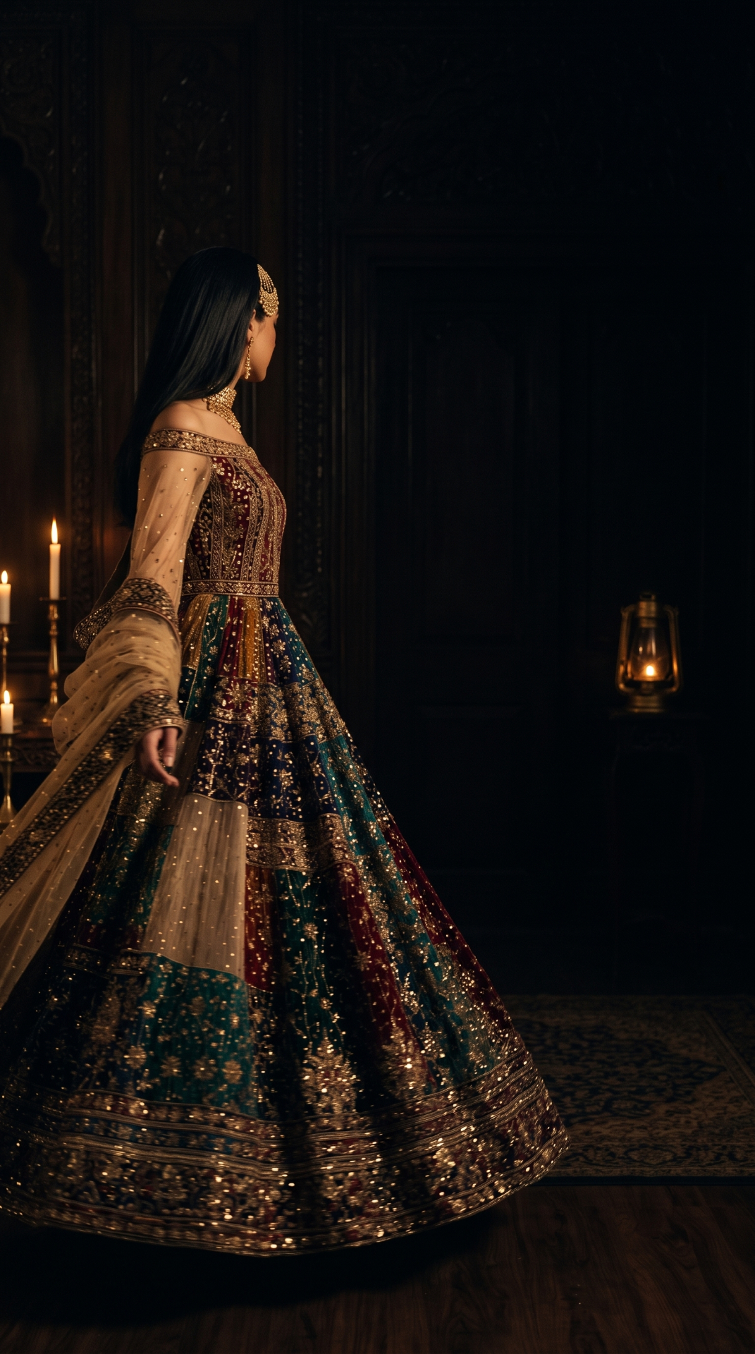 Dur-e-Shah gown in a near-black hall lit by candles and a distant lantern