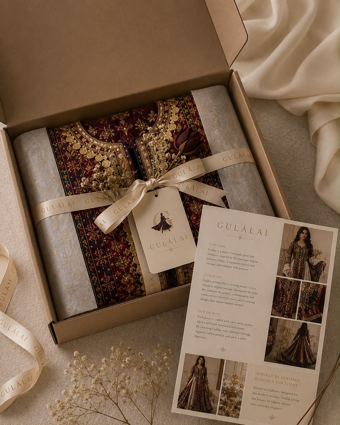 Gulālai hand-tied box with a story card and dried florals