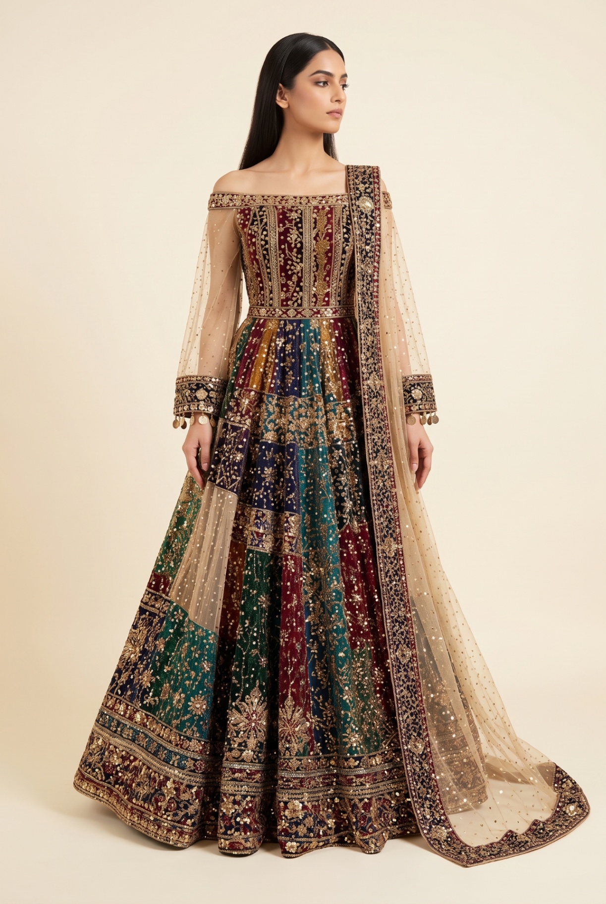 Dur-e-Shah panelled gown in maroon, teal, navy and gold with champagne net dupatta, front view
