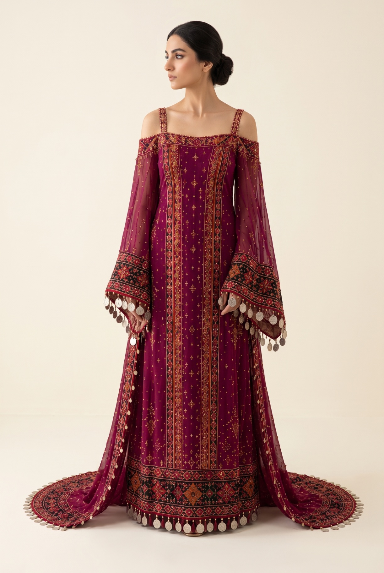 Sultana deep magenta chiffon gown with coin-fringe sleeves, front view