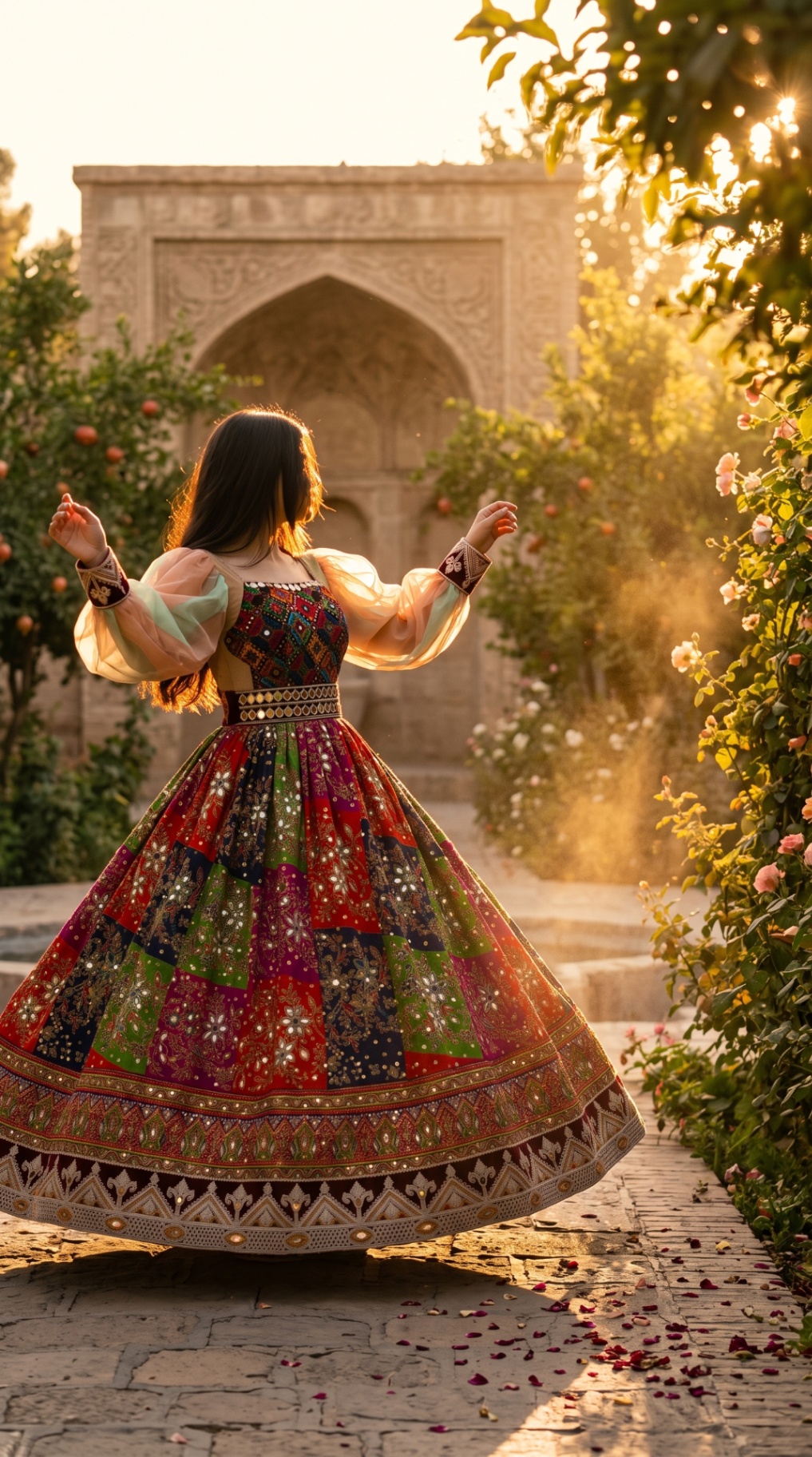 Rangina gown mid-twirl in a walled Persian garden at golden hour